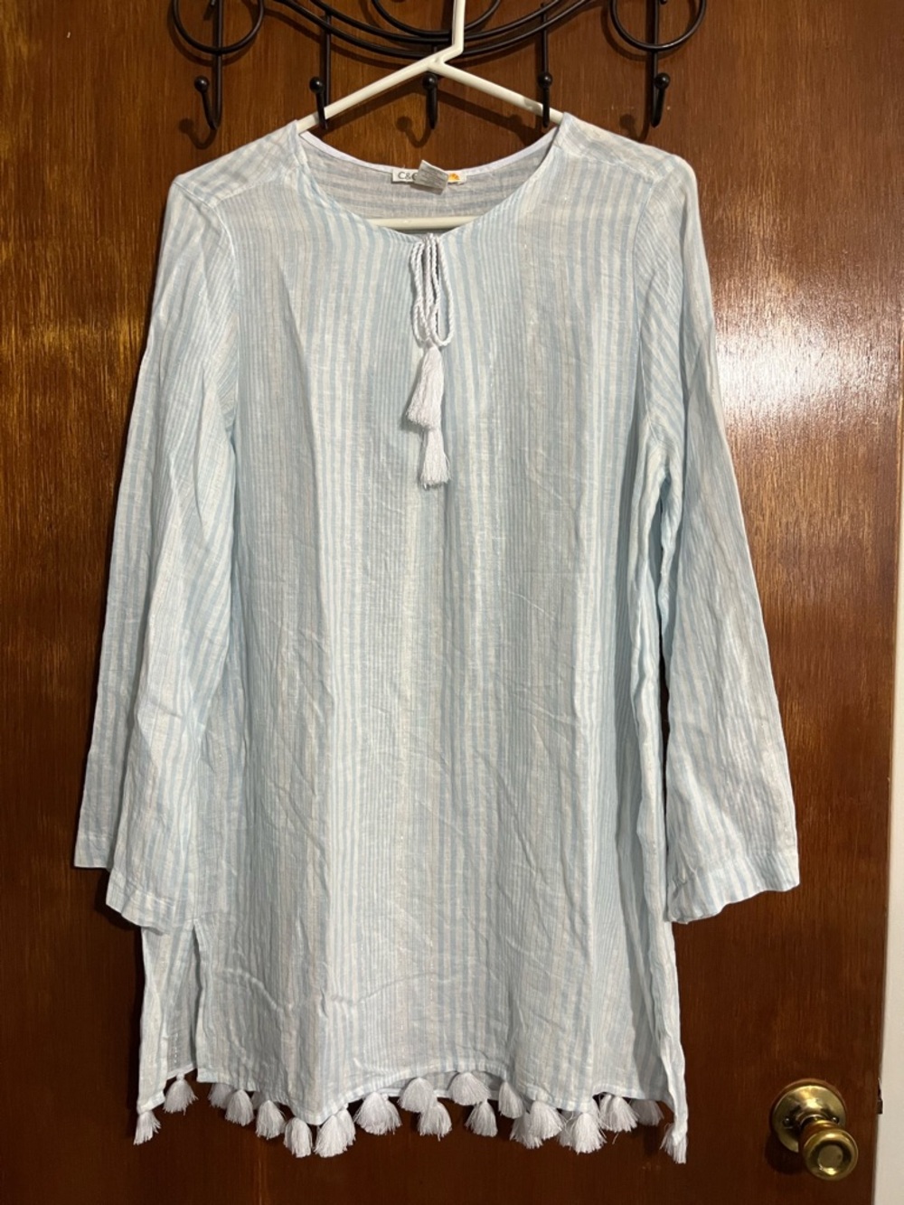 C&C California Pale Blue & White Striped Tassel Tunic